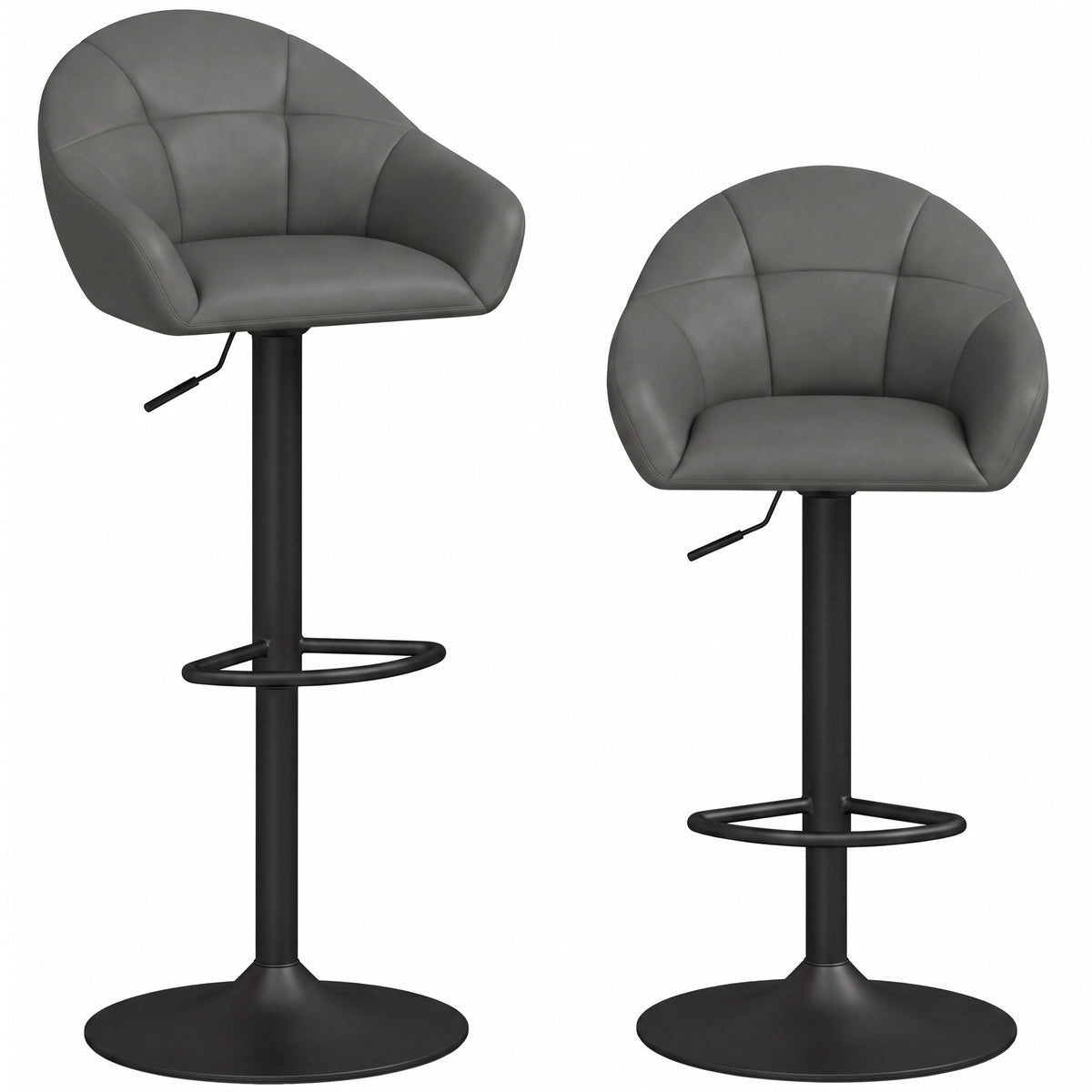 HOMCOM Bar Stools Adjustable Heights Breakfast Bar Stools Backrest Armrests Set of 2 with Rubber Ring Metal Base, Grey