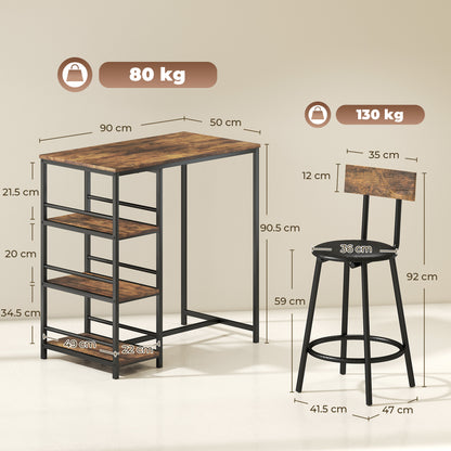 HOMCOM Space Saving Bar Table and PU Leather Stools for 2, 3 Piece Breakfast Bar Table Set with Storage Shelves, Rustic Brown