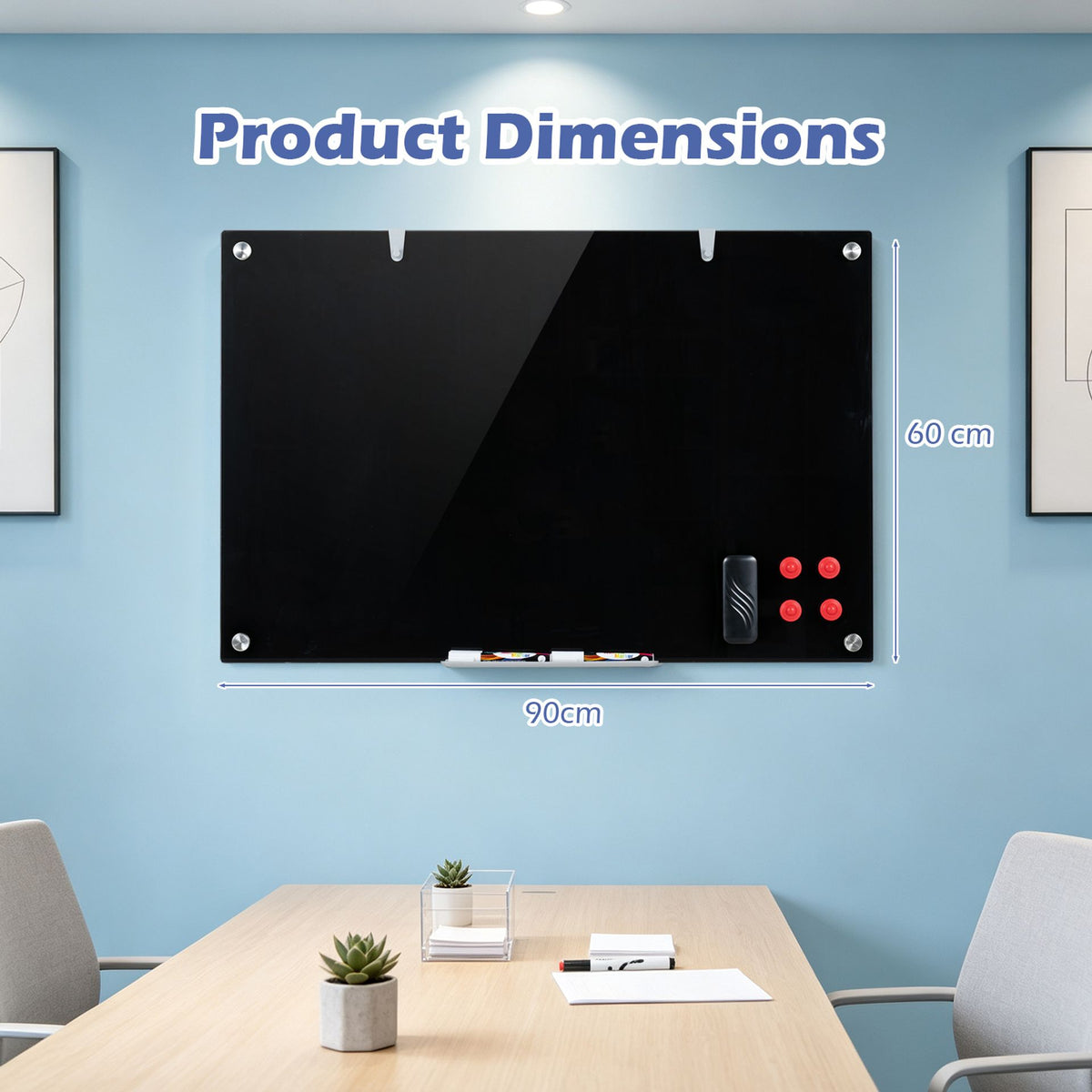 Magnetic Glass Board 24" x 36" with Markers and Cleaning Cloth for Wall-Black