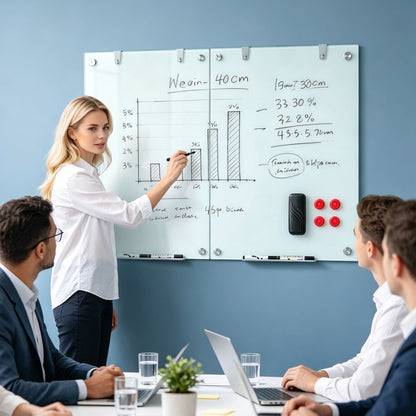 Magnetic Glass Board 24" x 36" with Markers and Cleaning Cloth for Wall-White