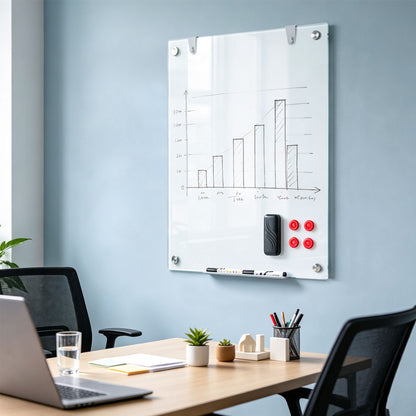 Magnetic Glass Board 24" x 36" with Markers and Cleaning Cloth for Wall-White