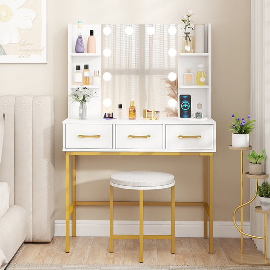 Makeup Dressing Table and Cushioned Stool Set with Power Outlets-White