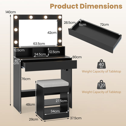 Makeup Vanity Desk Set with Mirror and Lights and Stool 3-Color LED-Black