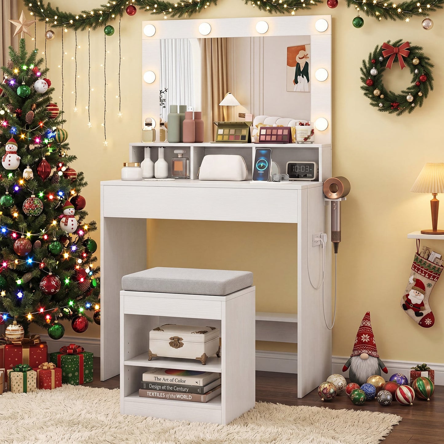 Makeup Vanity Desk Set with Mirror and Lights and Stool 3-Color LED-White