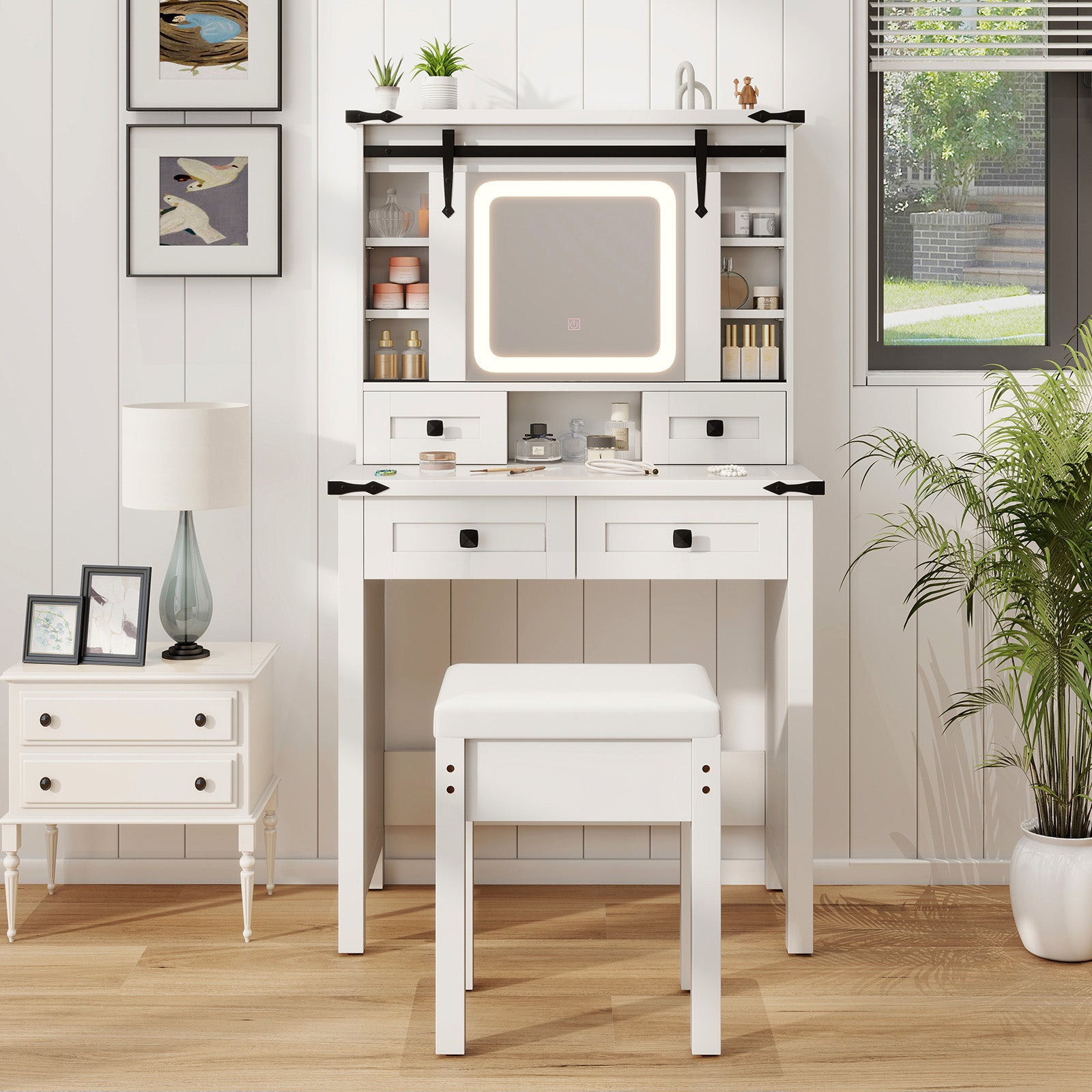 Makeup Vanity Desk and Stool Set with Mirror and Lights-White