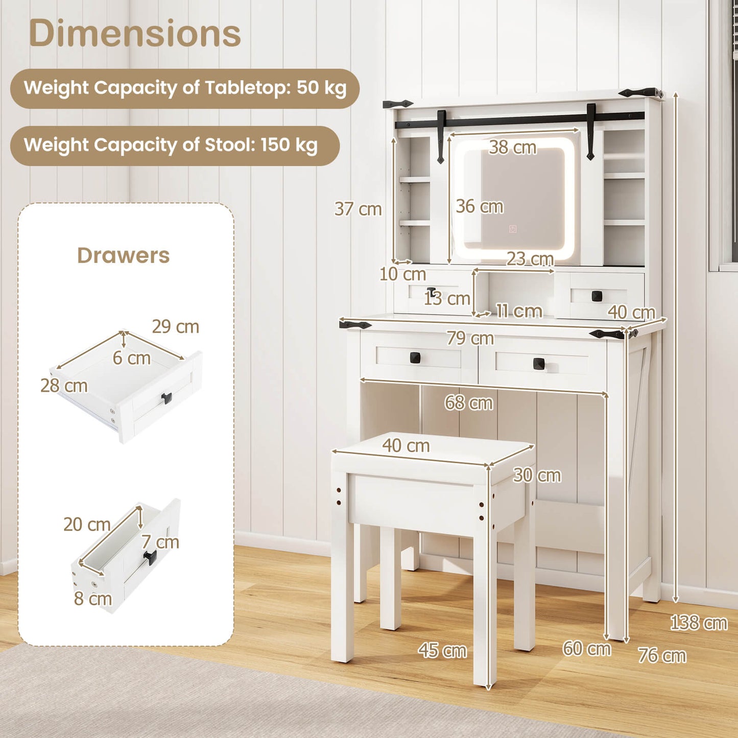 Makeup Vanity Desk and Stool Set with Mirror and Lights-White