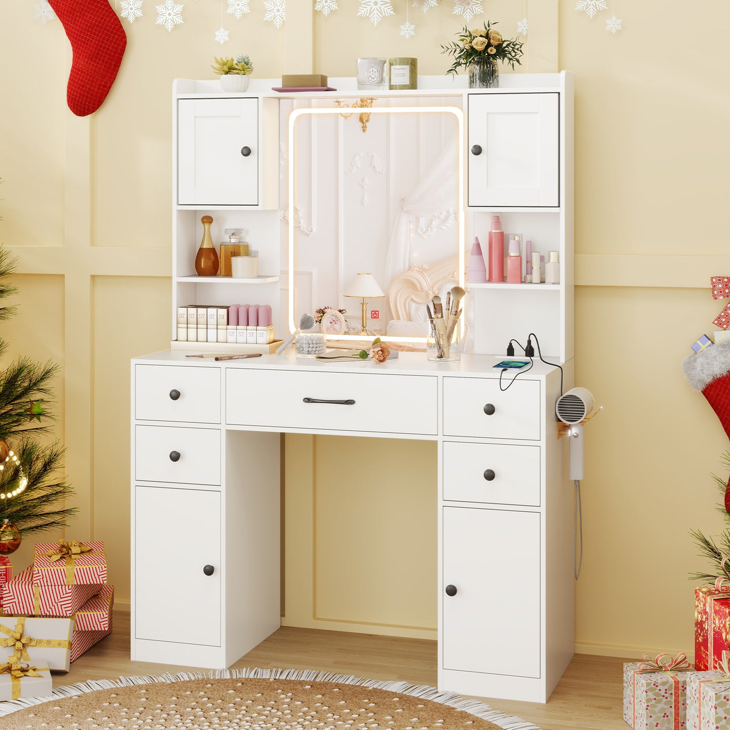 Makeup Vanity Desk with Lighted Mirror and Charging Station-White