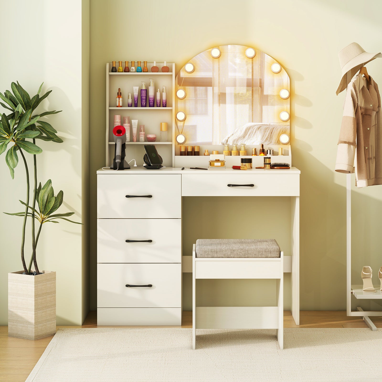 Makeup Vanity Desk with Mirror and Lights Dressing Table and Stool Set-White