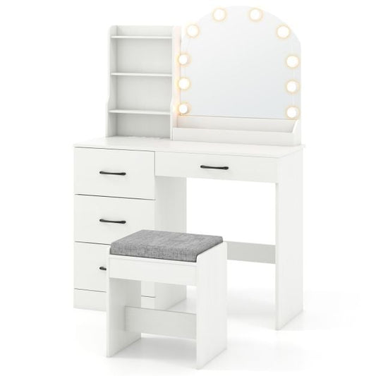 Makeup Vanity Desk with Mirror and Lights Dressing Table and Stool Set-White