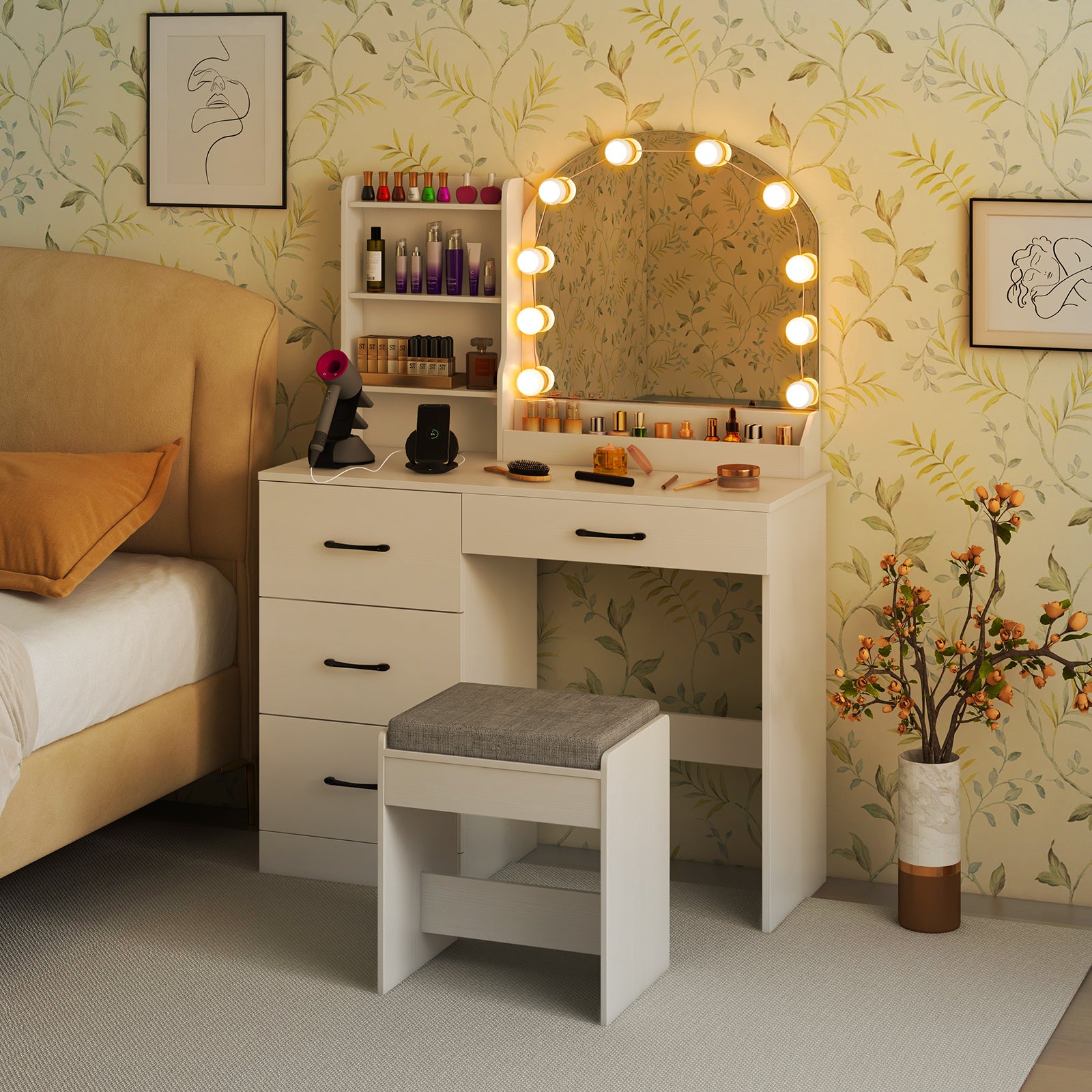 Makeup Vanity Desk with Mirror and Lights Dressing Table and Stool Set-White