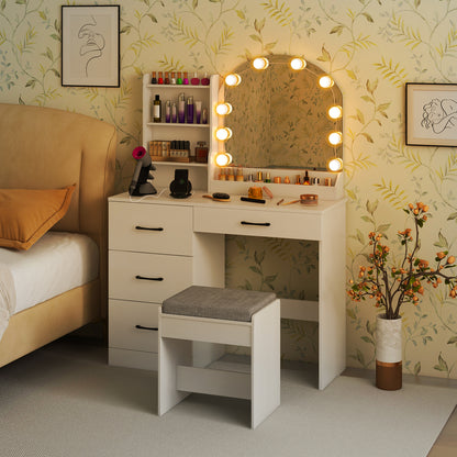 Makeup Vanity Desk with Mirror and Lights Dressing Table and Stool Set-White