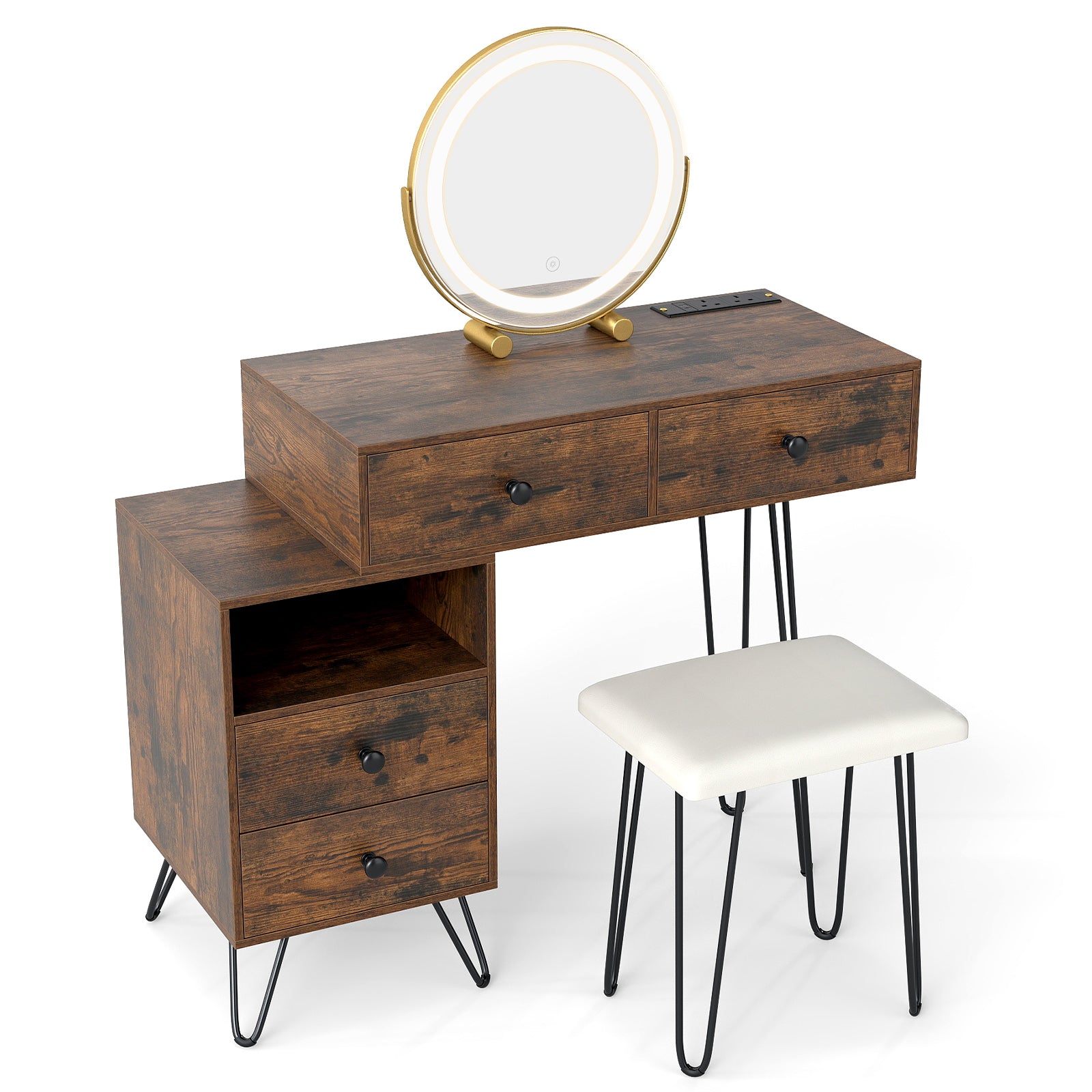 Makeup Vanity Desk with Rotatable Mirror and 4 Pull-out Drawers-Rustic Brown