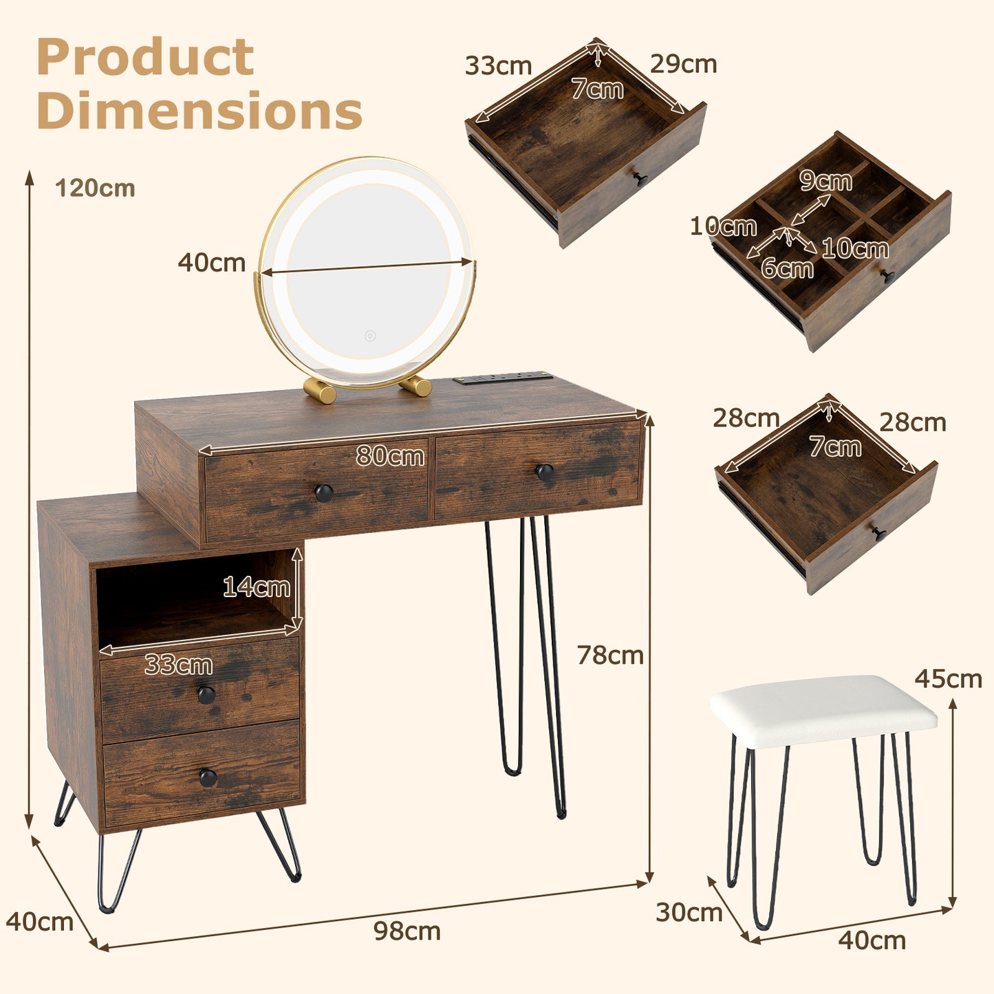 Makeup Vanity Desk with Rotatable Mirror and 4 Pull-out Drawers-Rustic Brown