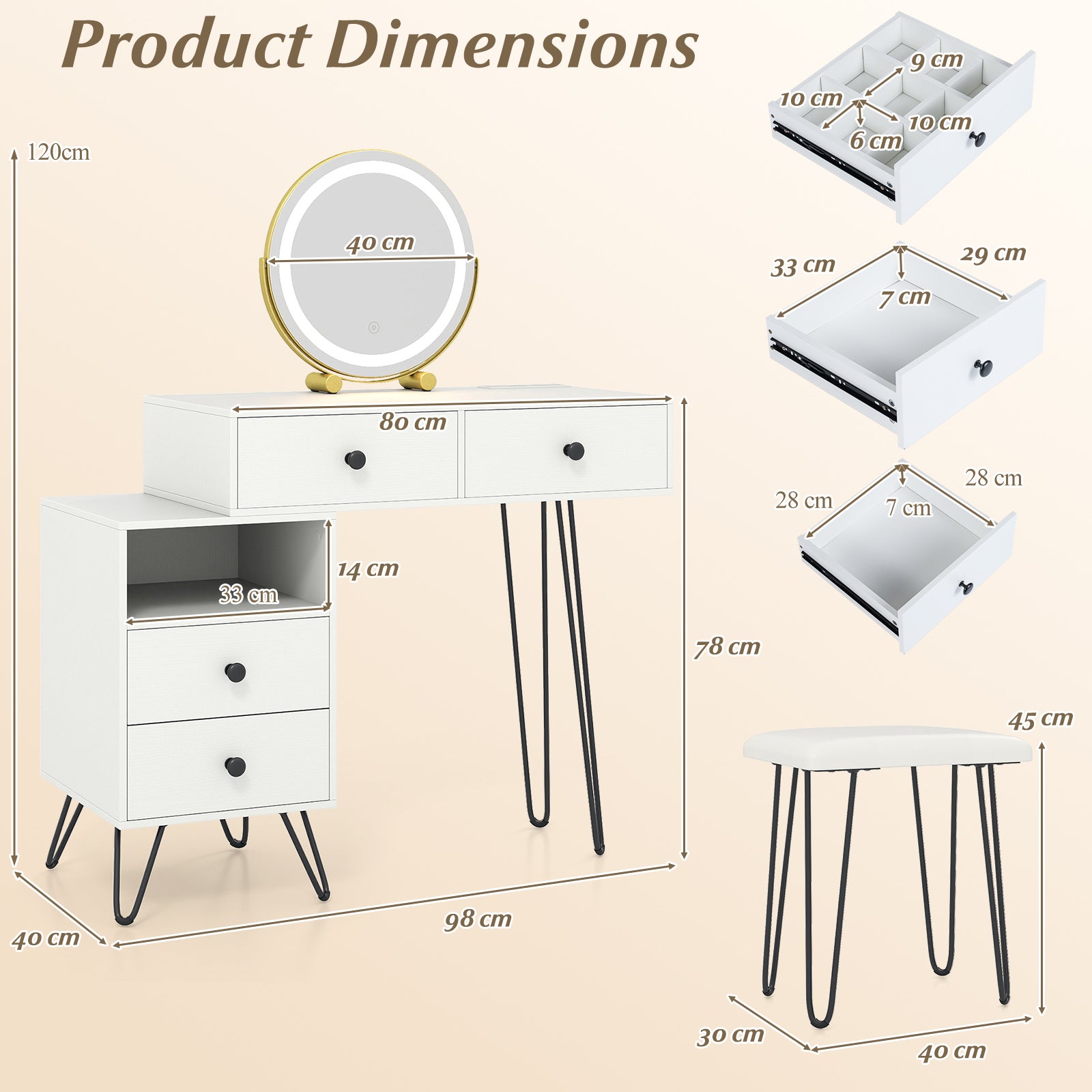 Makeup Vanity Desk with Rotatable Mirror and 4 Pull-out Drawers-White