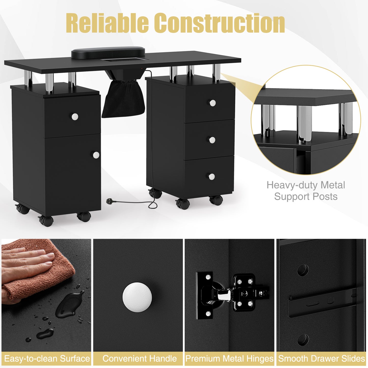 Manicure Table Nail Desk with Electric Dust Collector-Black