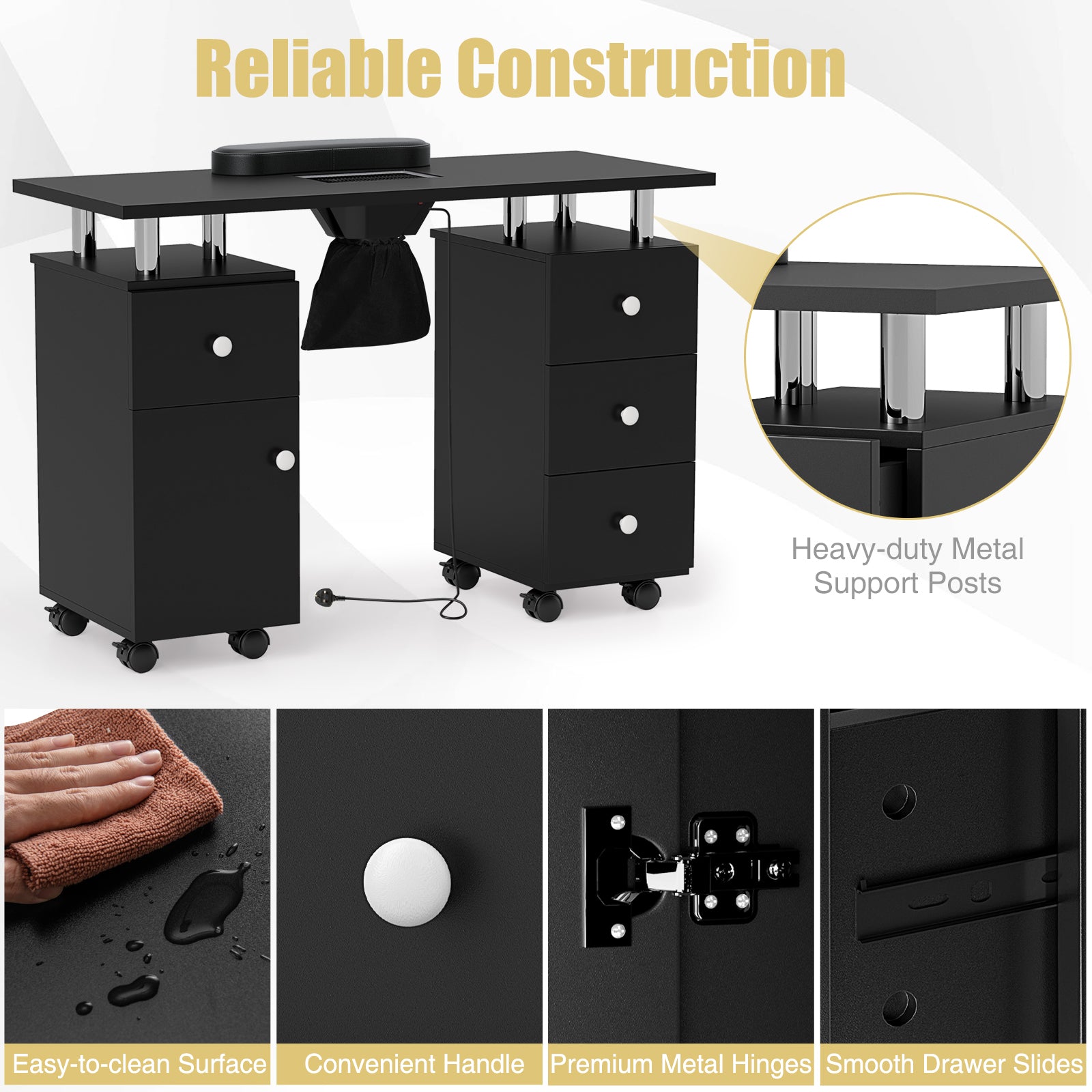 Manicure Table Nail Desk with Electric Dust Collector-Black