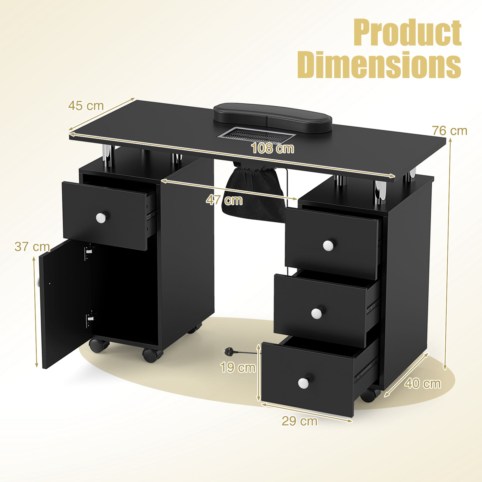 Manicure Table Nail Desk with Electric Dust Collector-Black