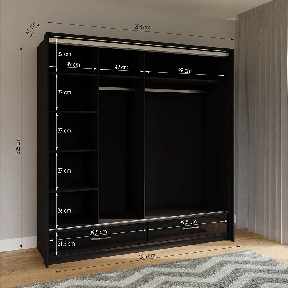 Black Gloss Mirrored Sliding Door Wardrobe 208cm –  EPSOM