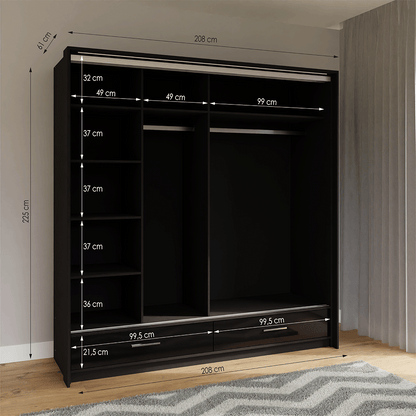 Black Gloss Mirrored Sliding Door Wardrobe 208cm –  EPSOM