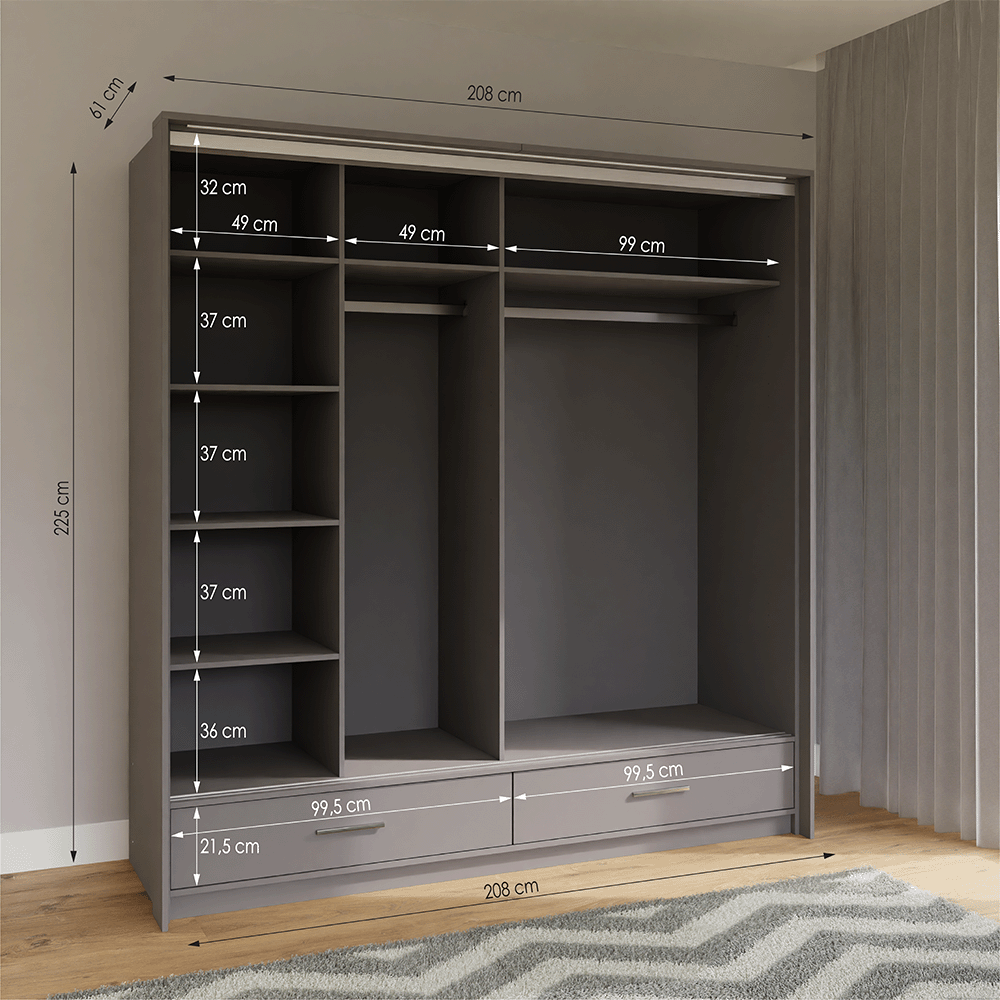 Graphite Mirrored Sliding Door Wardrobe 208cm –  EPSOM