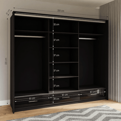 Black Gloss Mirrored Sliding Door Wardrobe 255cm –  EPSOM