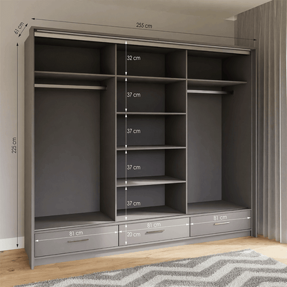 Graphite Mirrored Sliding Door Wardrobe 255cm –  EPSOM