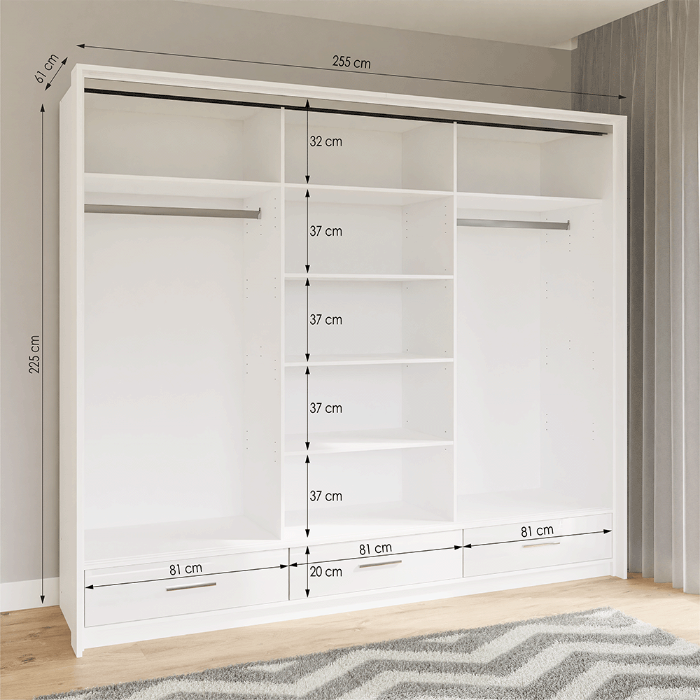 White Gloss Mirrored Sliding Door Wardrobe 255cm –  EPSOM