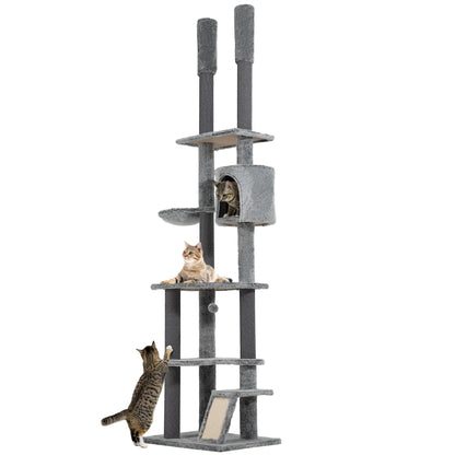 PawHut 225-255cm Height Floor-to-Ceiling Cat Tree Large Cat Tower w/ Cat Scratching Posts, Ramp, Condo