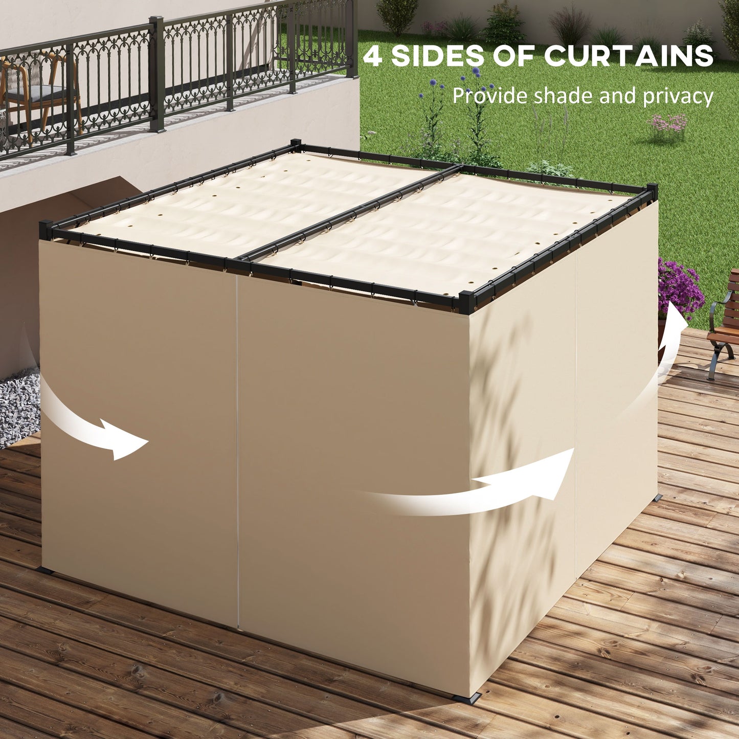Outsunny 3 x 3(m) Rozsuwana pergola, altana ogrodowa z zasłonami, do grilla, na patio, pokład, beżowa