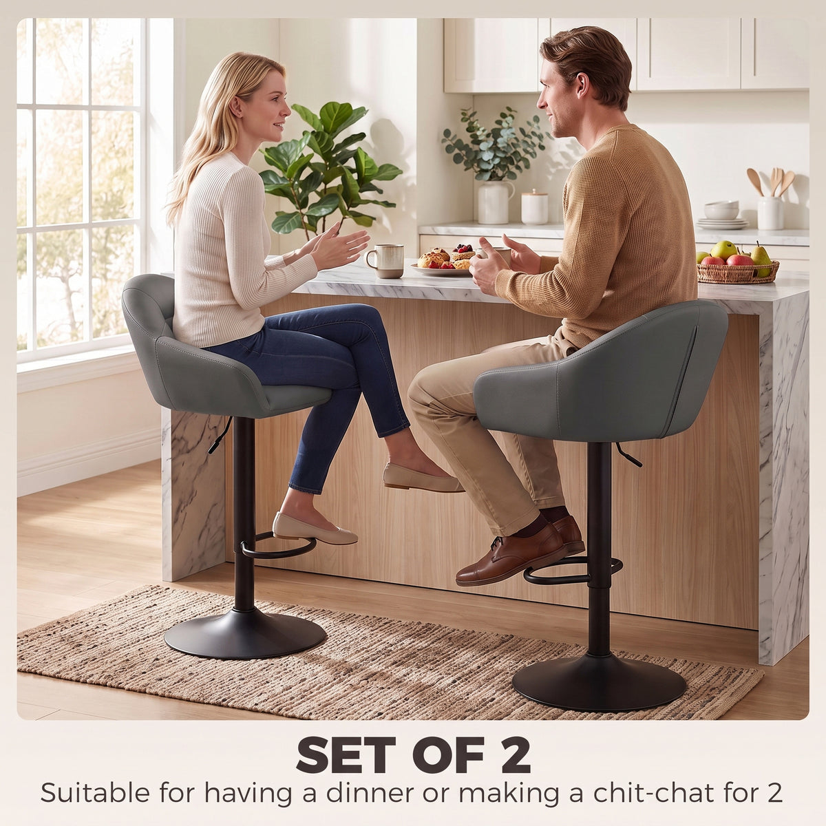 HOMCOM Bar Stools Adjustable Heights Breakfast Bar Stools Backrest Armrests Set of 2 with Rubber Ring Metal Base, Grey