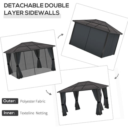 Outsunny 3 x 3,6 m Hardtop Gazebo z dachem z poliwęglanu, aluminiowa rama, stały pawilon ogrodowy z siatką i zasłonami na patio, pokład, ciemnoszary