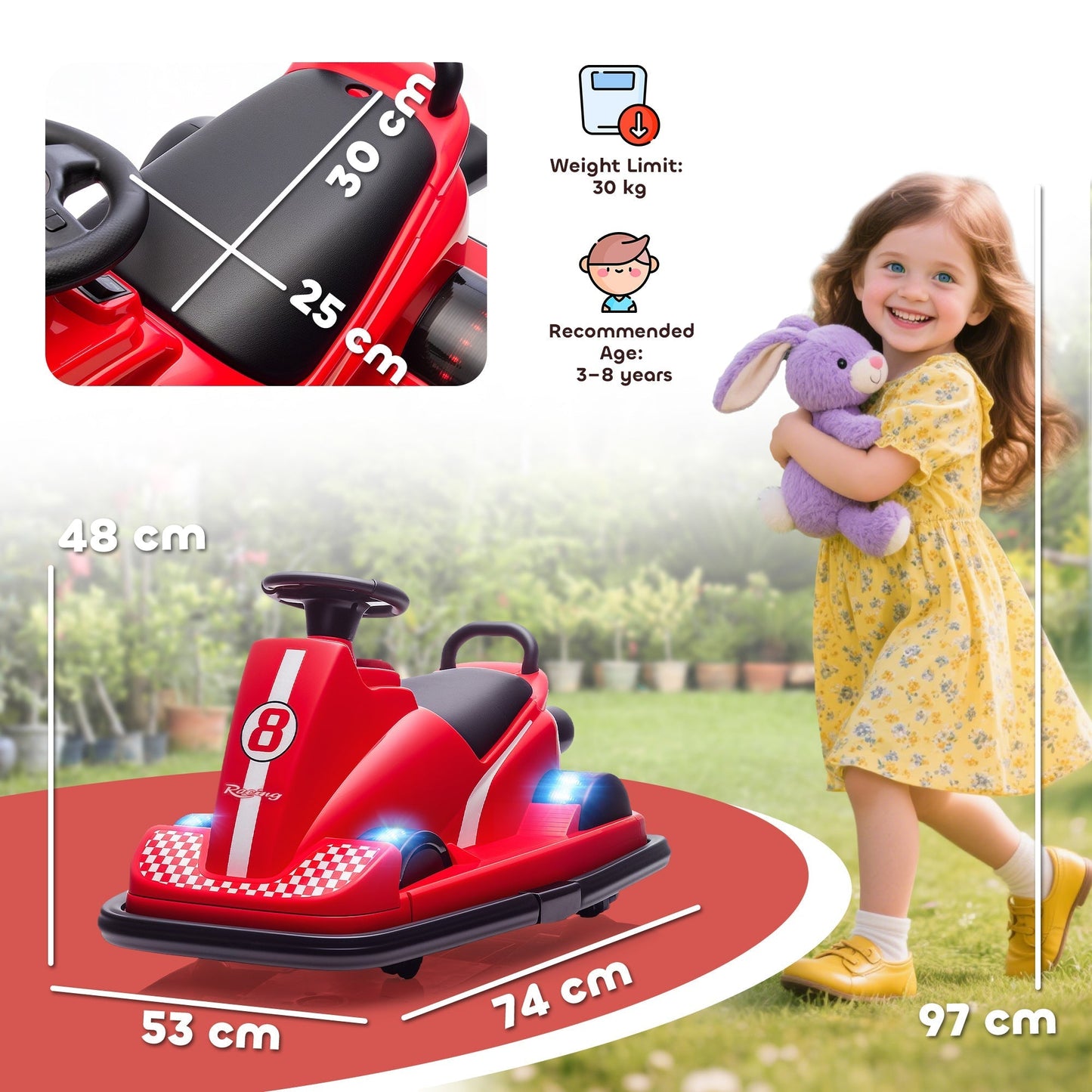 AIYAPLAY Kids Bumper Car, 360 degrees Rotation Spin Electric Walzer Car with LED Lights, Music for Ages 3-8 Years Old, Red