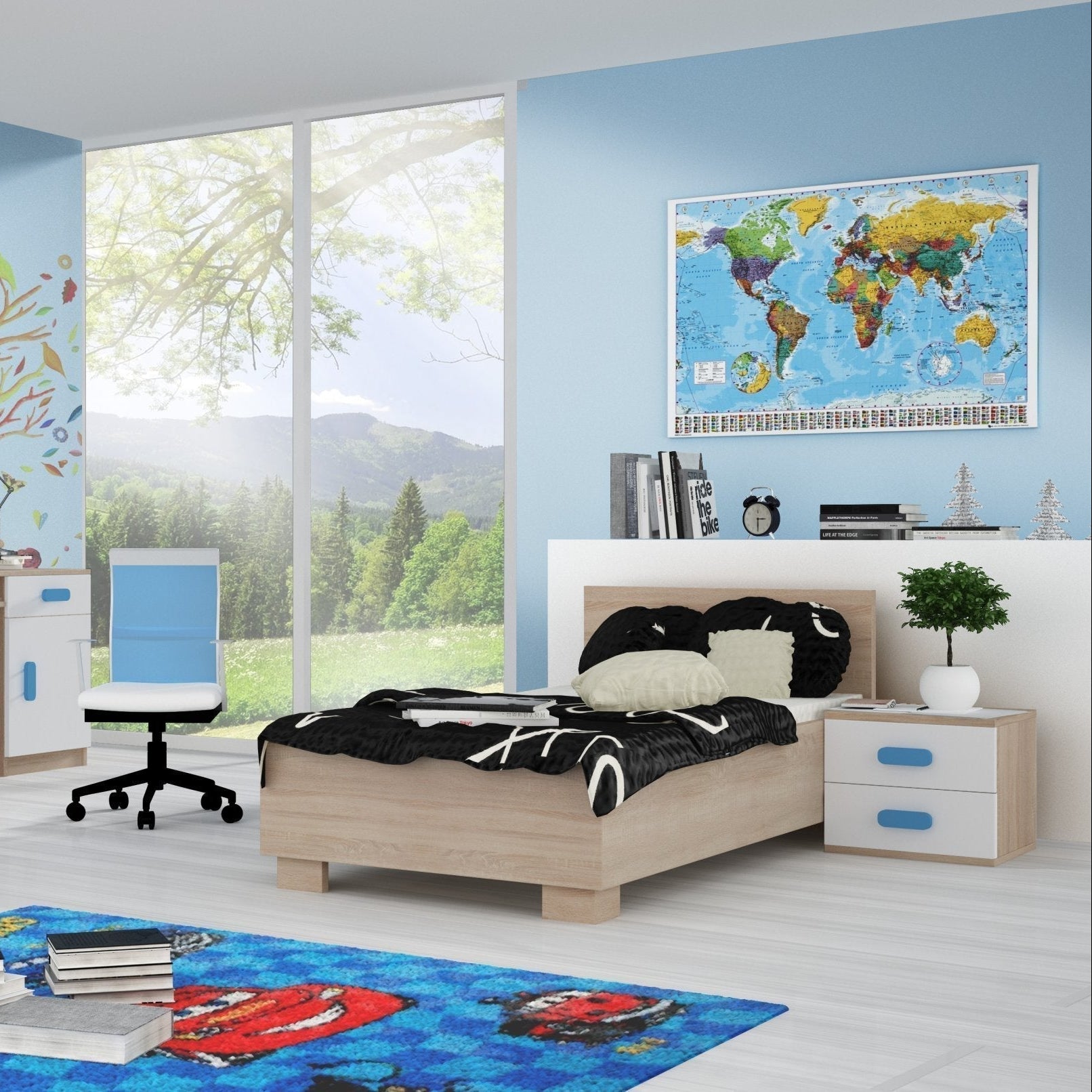 Children's bedroom with a world map on the wall, bed, and toys on the floor.