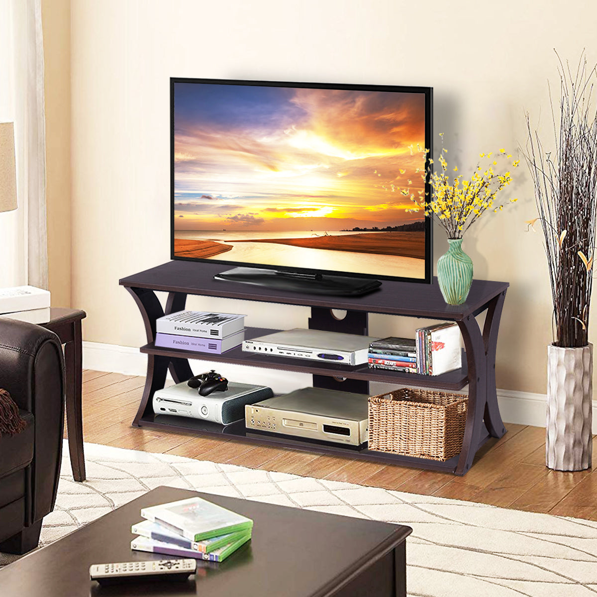 Media Console Table with Open Storage Shelves for Living Room Bedroom