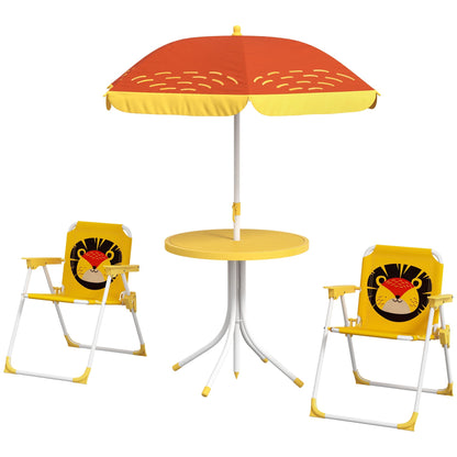 Outsunny Kids Picnic Table and Chair Set Lion Themed Outdoor Garden Furniture w/ Foldable Chairs, Adjustable Parasol - Yellow