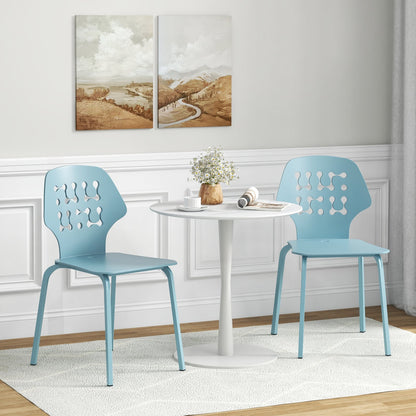 Metal Dining Chair Set of 8 with Hollowed Backrest and Metal Legs-Blue