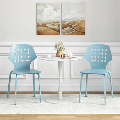 Metal Dining Chair Set of 8 with Hollowed Backrest and Metal Legs-Blue