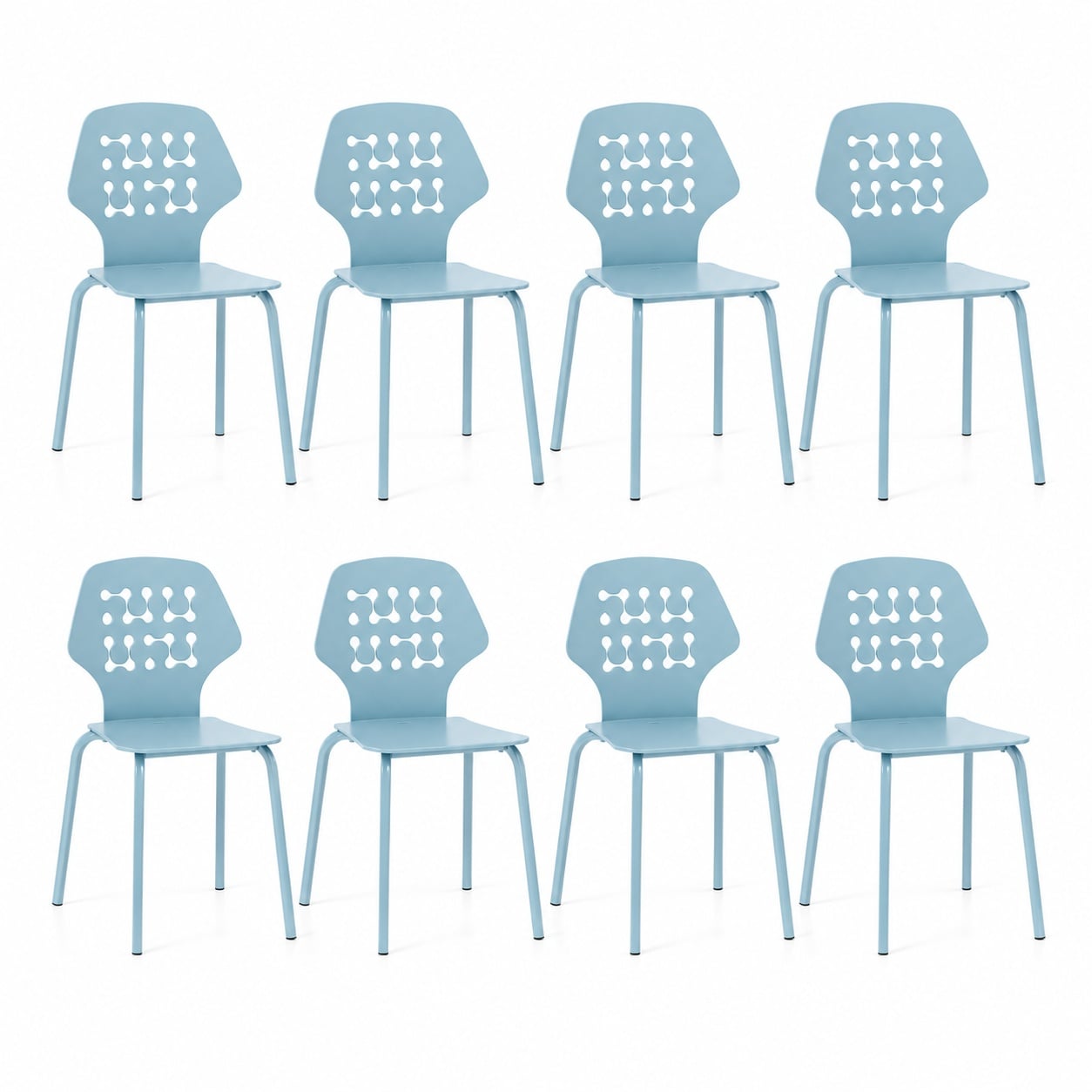 Metal Dining Chair Set of 8 with Hollowed Backrest and Metal Legs-Blue