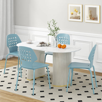 Metal Dining Chair Set of 8 with Hollowed Backrest and Metal Legs-Blue