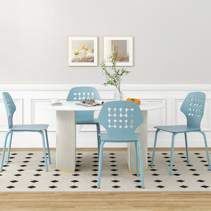 Metal Dining Chair Set of 8 with Hollowed Backrest and Metal Legs-Blue