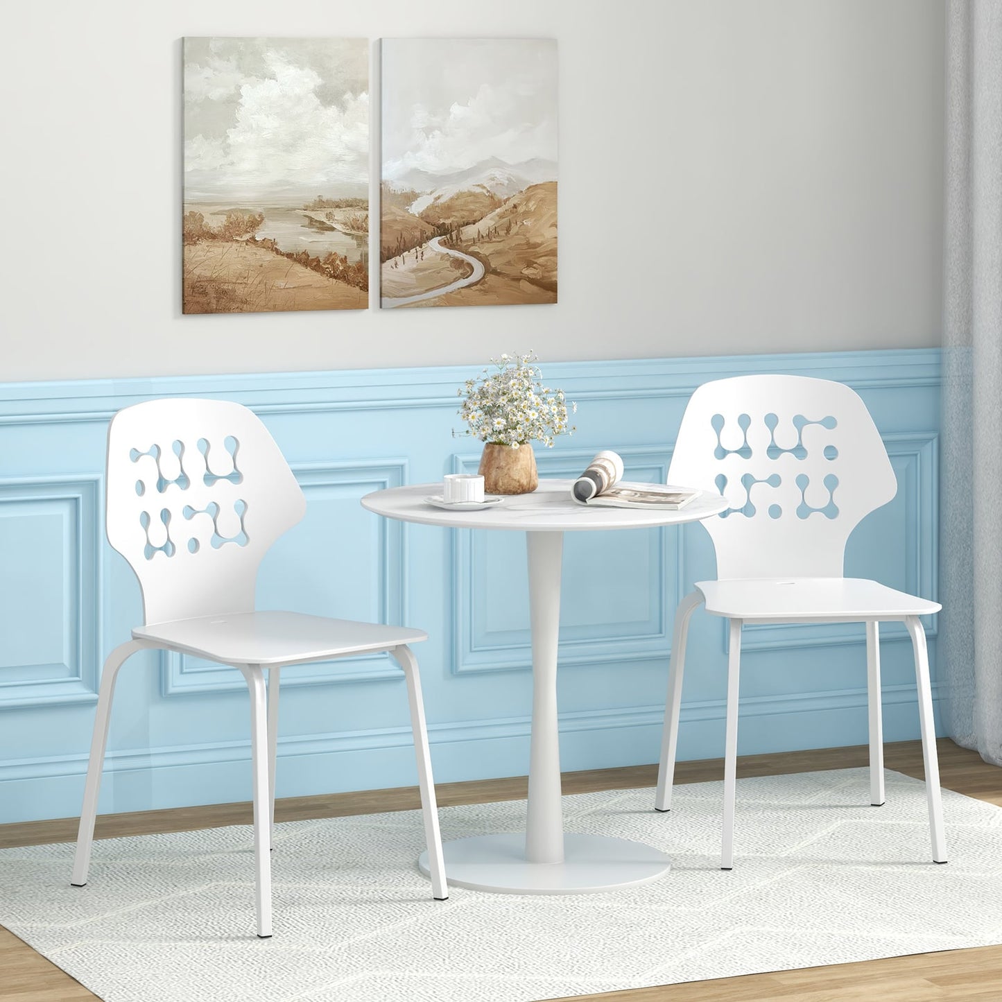 Metal Dining Chair Set of 8 with Hollowed Backrest and Metal Legs-White