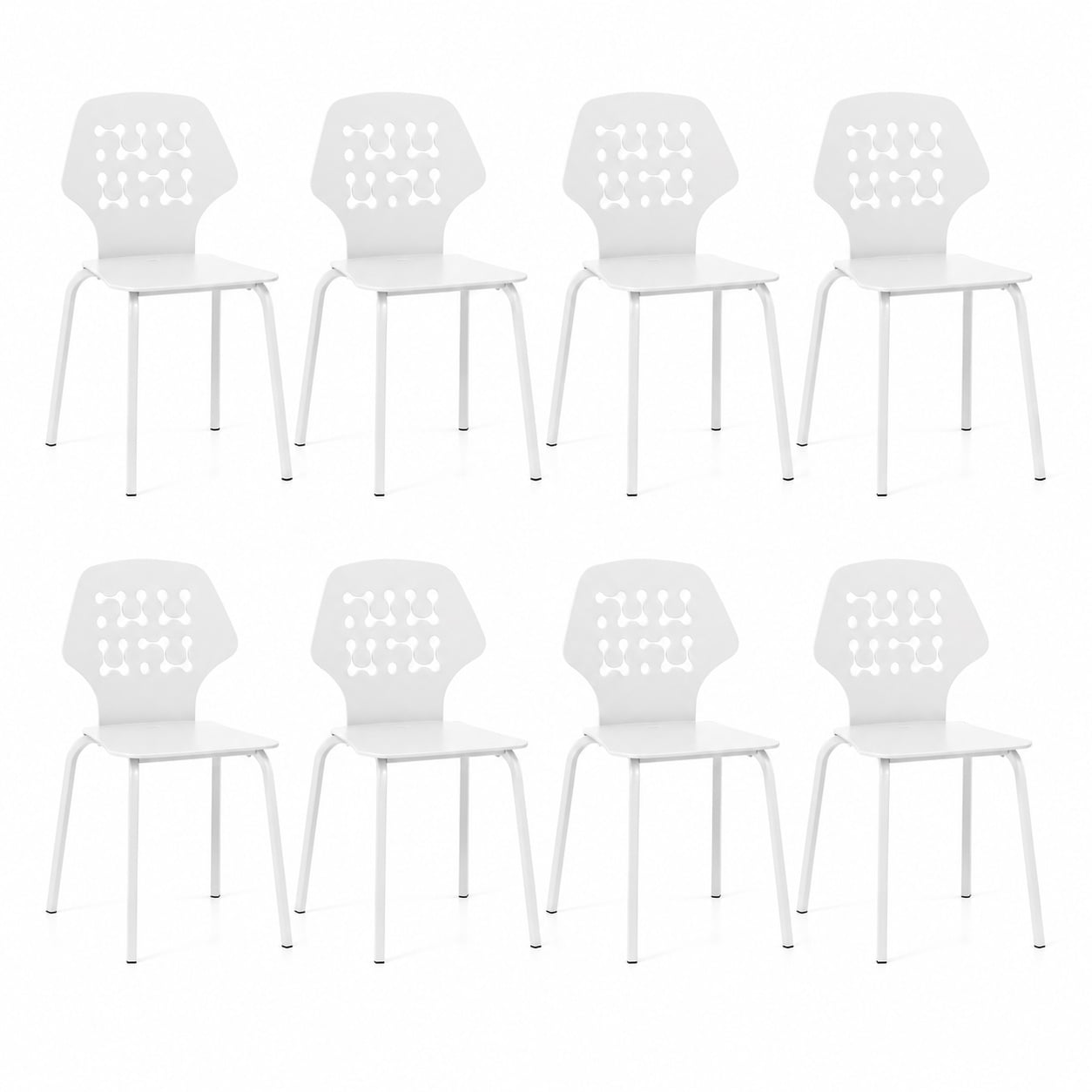 Metal Dining Chair Set of 8 with Hollowed Backrest and Metal Legs-White