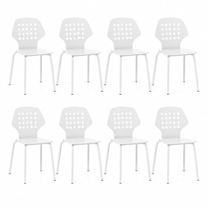 Metal Dining Chair Set of 8 with Hollowed Backrest and Metal Legs-White