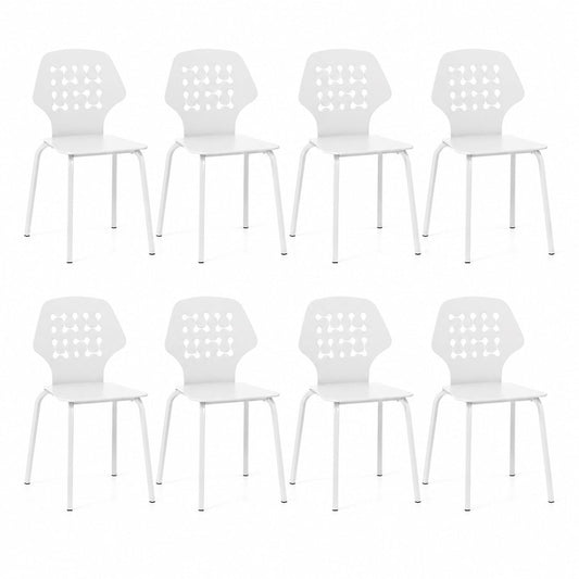 Metal Dining Chair Set of 8 with Hollowed Backrest and Metal Legs-White