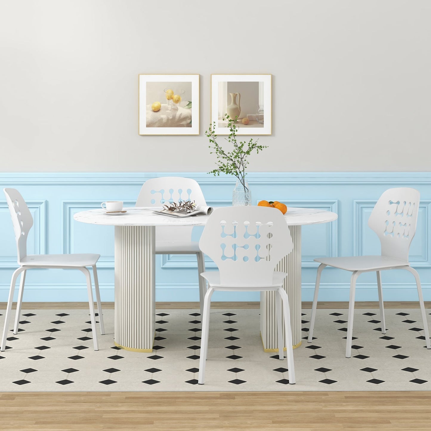 Metal Dining Chair Set of 8 with Hollowed Backrest and Metal Legs-White