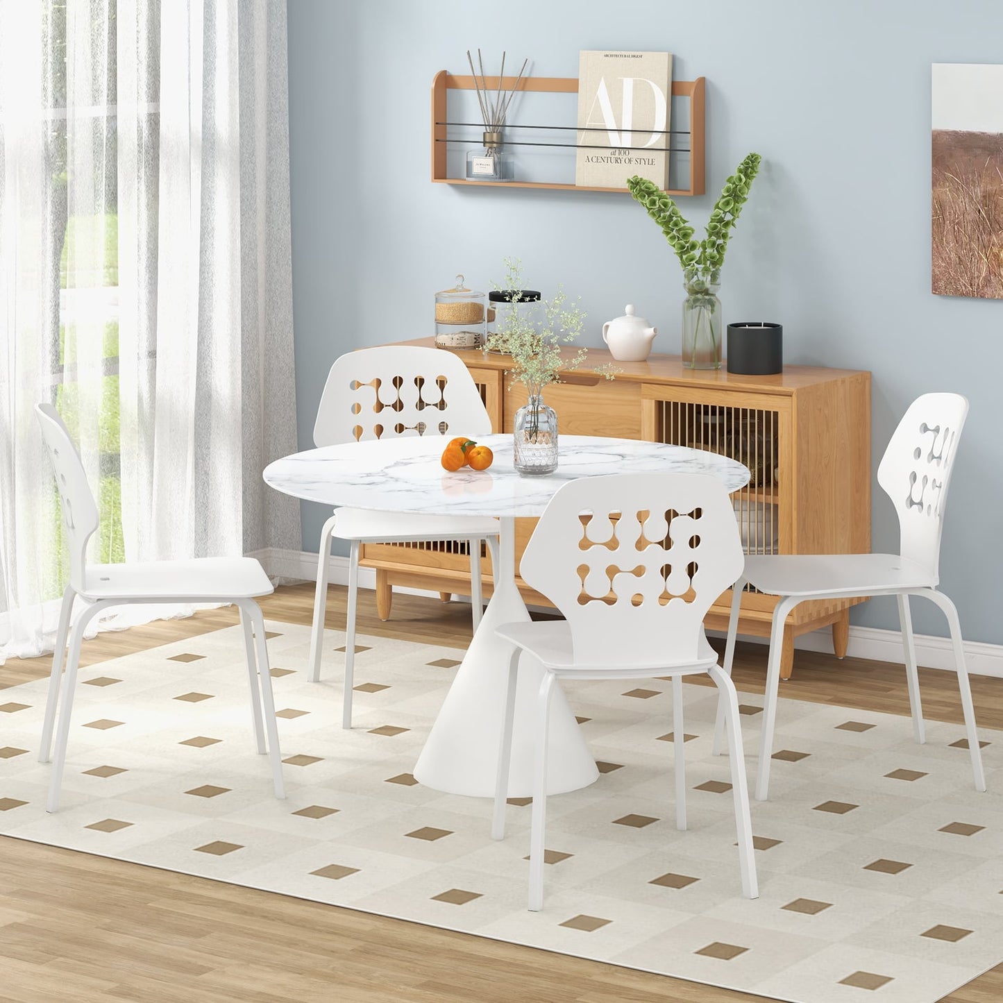Metal Dining Chair Set of 8 with Hollowed Backrest and Metal Legs-White