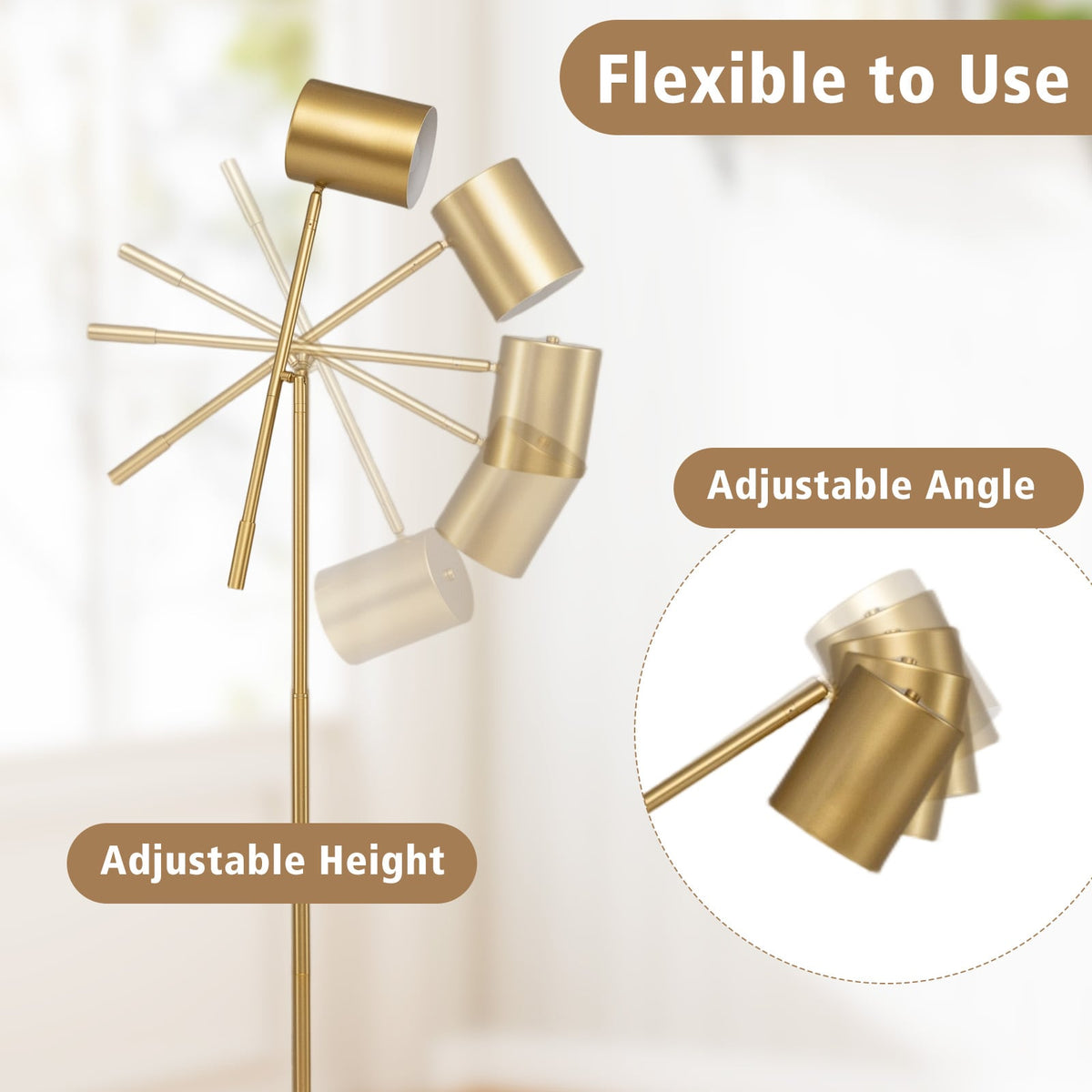 Metal Floor Lamp with Adjustable Height and Angle for Bedroom-Golden