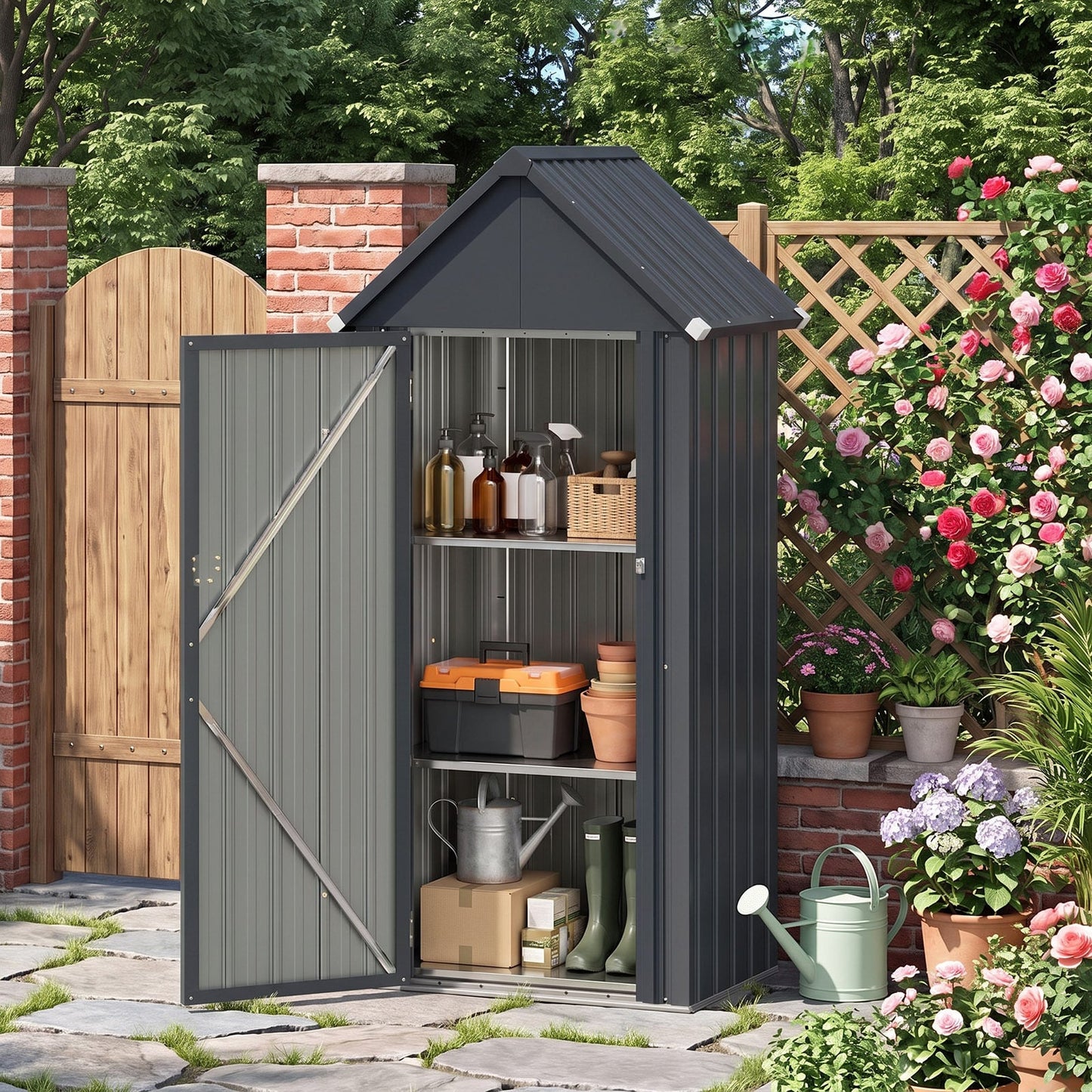 Metal Garden Tool Shed with 3 Adjustable Shelves-Dark Grey