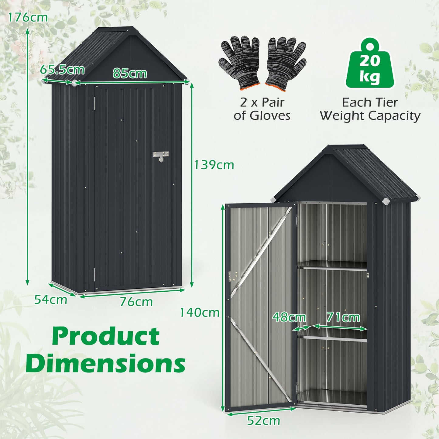 Metal Garden Tool Shed with 3 Adjustable Shelves-Dark Grey