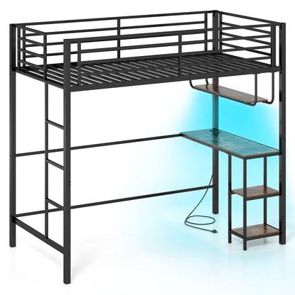 Metal Loft Bed Frame with Charging Station and Light Strip-Rustic Brown